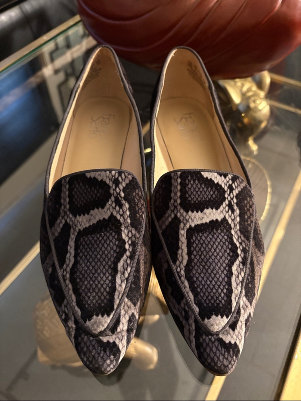 Franco Sarto Black and Gray Snake-Print Loafers